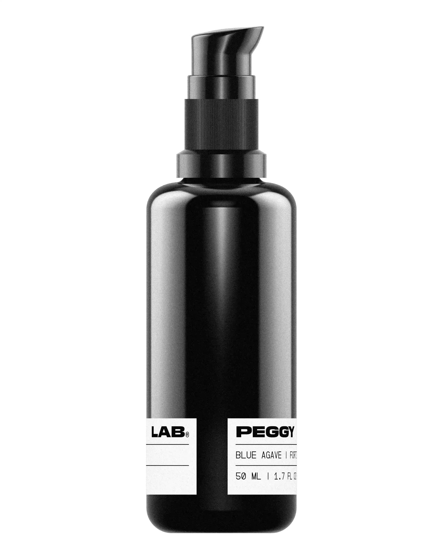 Black pump bottle with white label. The label reads ‘PEGGY LAB®, Blue Agave | Fortifying Face Serum, 50 ml | 1.7 fl oz’. The background is solid white.