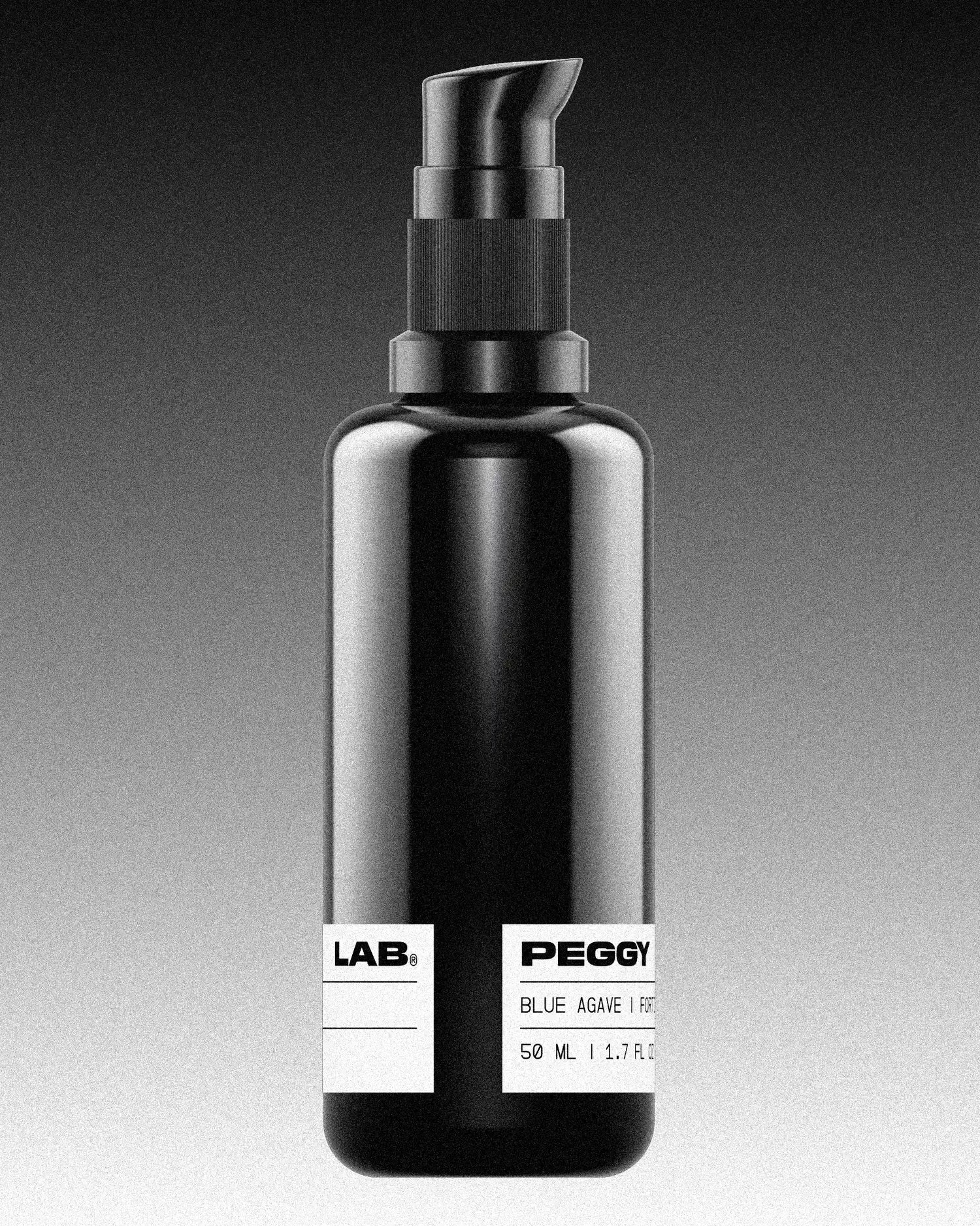 Black pump bottle with white label. The label reads ‘PEGGY LAB®, Blue Agave | Fortifying Face Serum, 50 ml | 1.7 fl oz’. The background is a vertical gradient starting with solid black at the top, ending with solid white at the bottom.