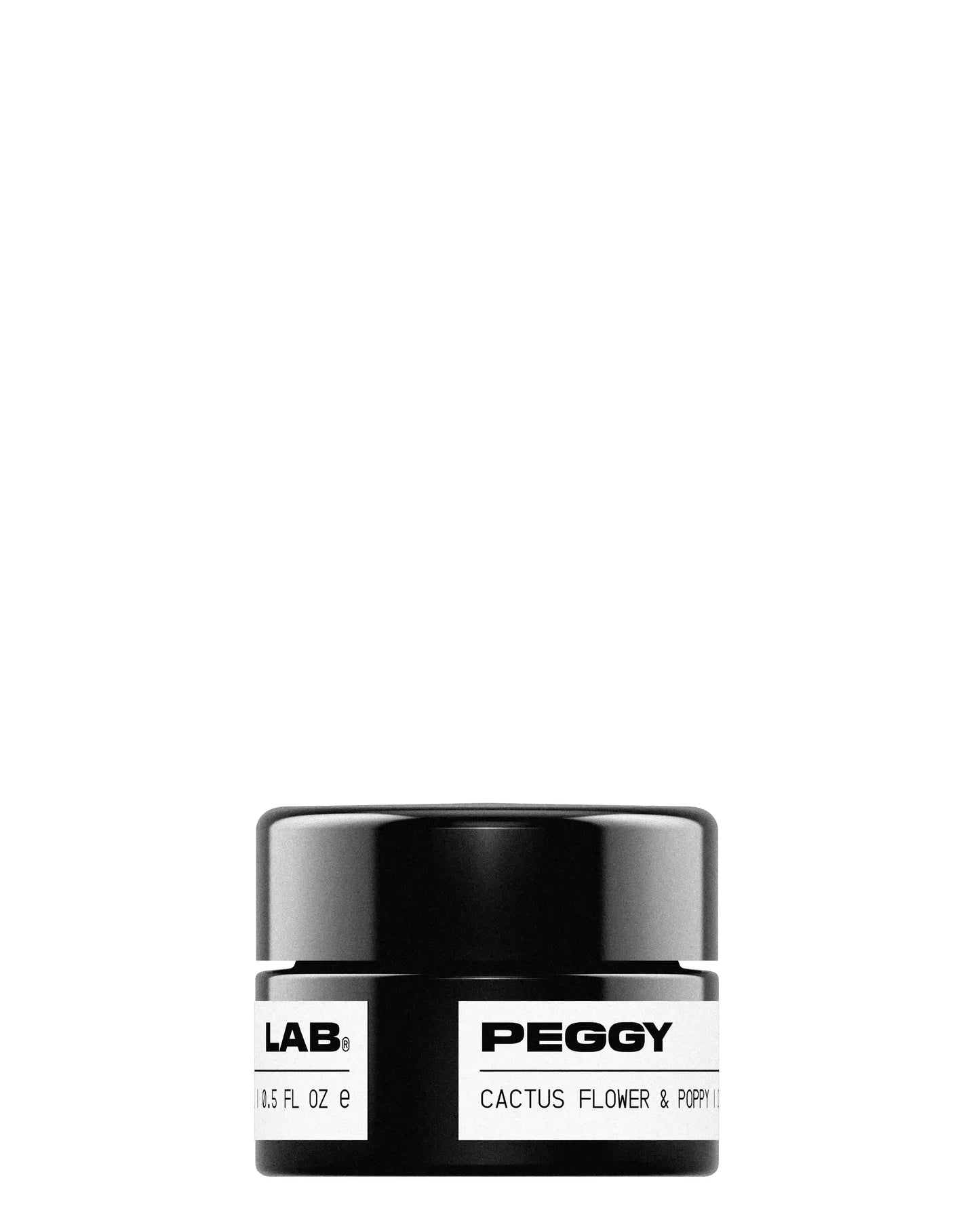 Black jar with white label. The label reads ‘PEGGY LAB®, Cactus Flower & Poppy | Overnight Eye Mask, 15 ml / 0.5 fl oz’. The background is solid white.