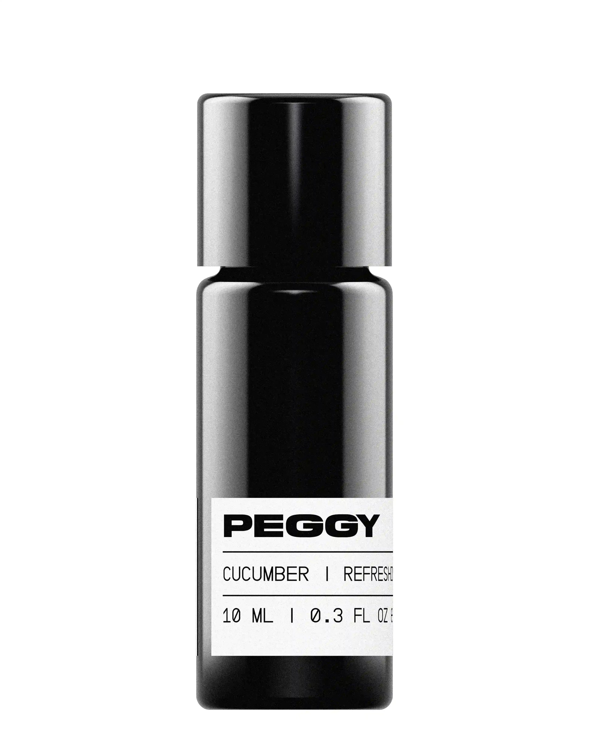 Black roller ball applicator bottle with white label. The label reads ‘PEGGY LAB®, Cucumber | Refreshing Eye Serum, 10 ml | 0.3 fl oz’. The background is solid white.
