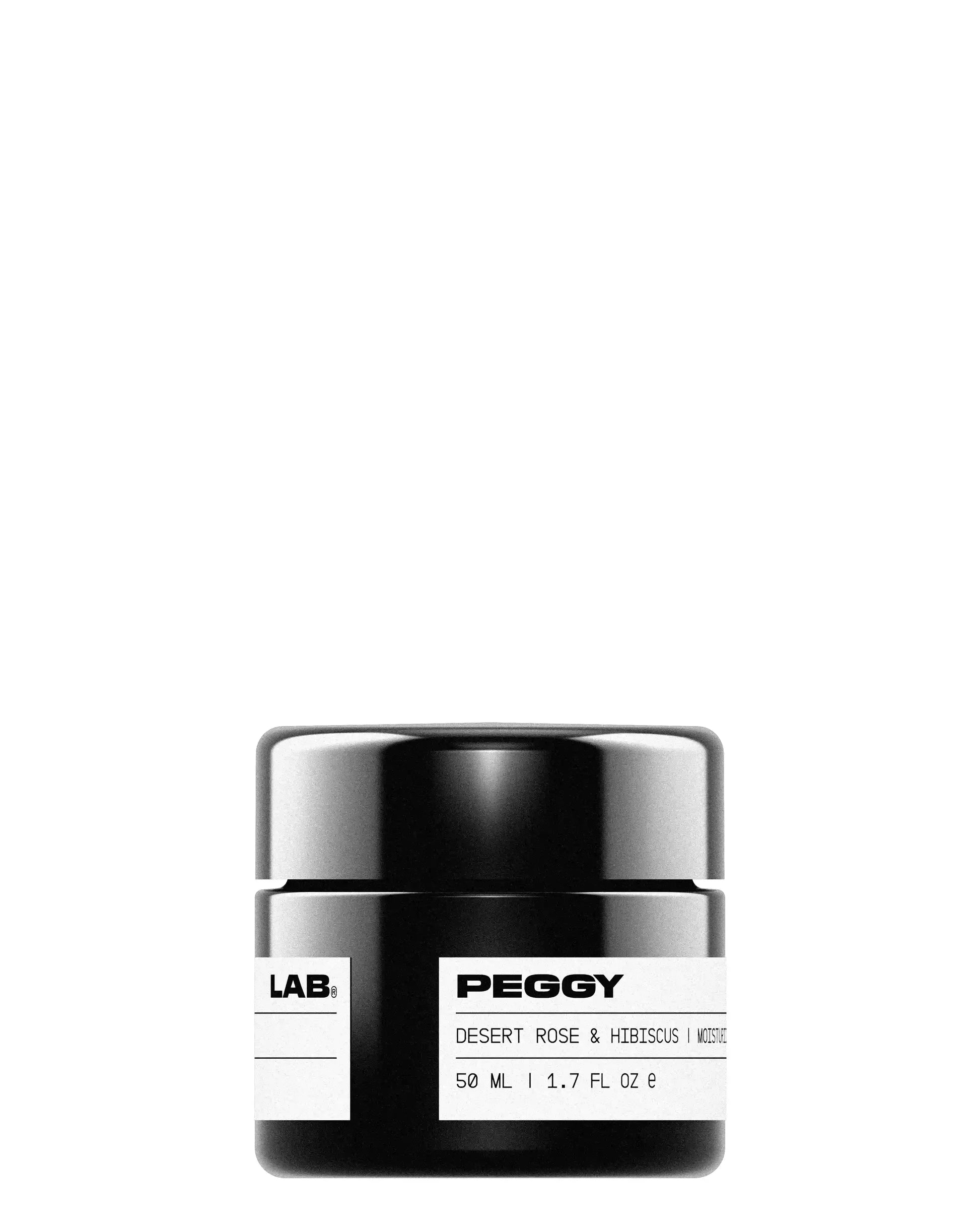 Black jar with white label. The label reads ‘PEGGY LAB®, Desert Rose & Hibiscus | Moisturizing Face Cream, 50 ml | 1.7 fl oz’. The background is solid white.