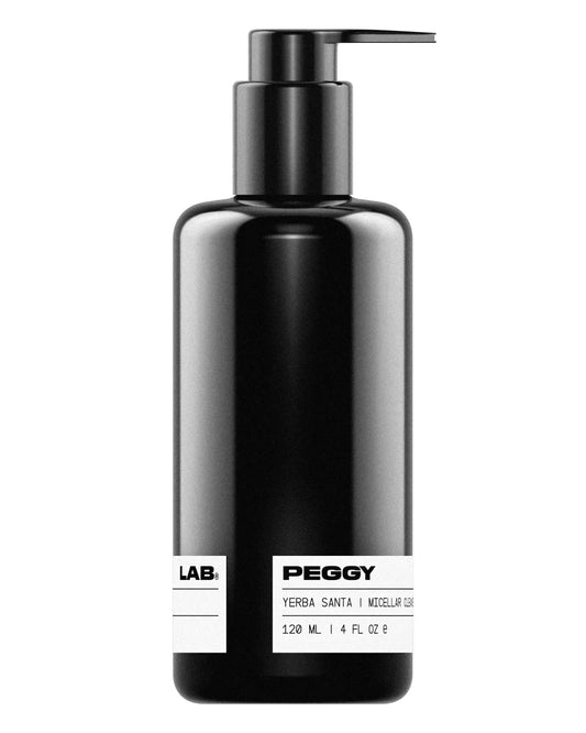 Black pump bottle with white label. The label reads ‘PEGGY LAB®, Yerba Santa | Micellar Cleansing Oil, 120 ml | 4 fl oz’. The background is solid white.