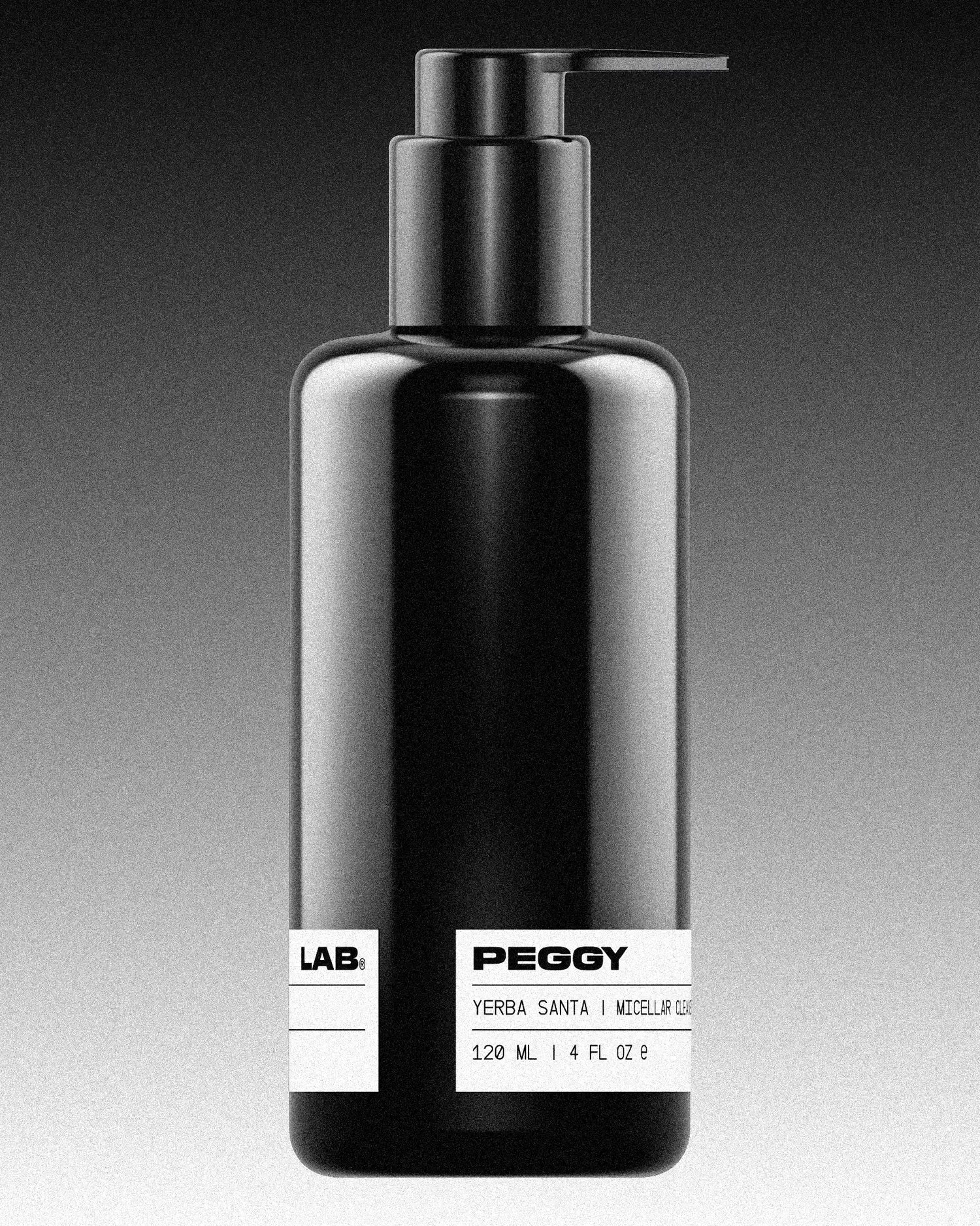 Black pump bottle with white label. The label reads ‘PEGGY LAB®, Yerba Santa | Micellar Cleansing Oil, 120 ml | 4 fl oz’. The background is a vertical gradient starting with solid black at the top, ending with solid white at the bottom.
