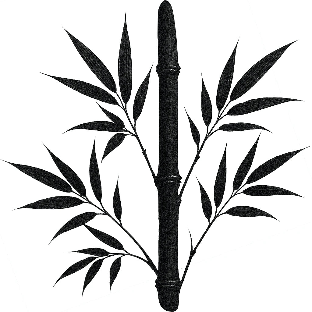 Black and white botanical illustration of a bamboo stalk with slender branches and pointed leaves.