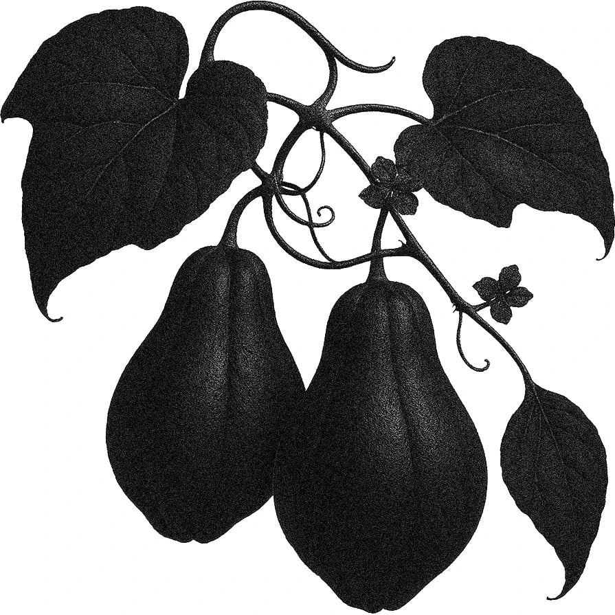 Black and white botanical illustration of two chayote fruits hanging from a vine, surrounded by large leaves, curling tendrils, and small flowers.