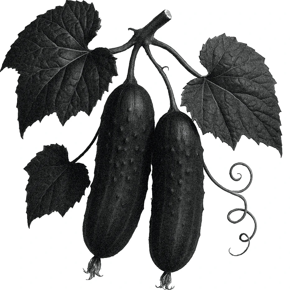 Black and white botanical illustration of two cucumbers growing on a vine, surrounded by large leaves and curling tendrils.