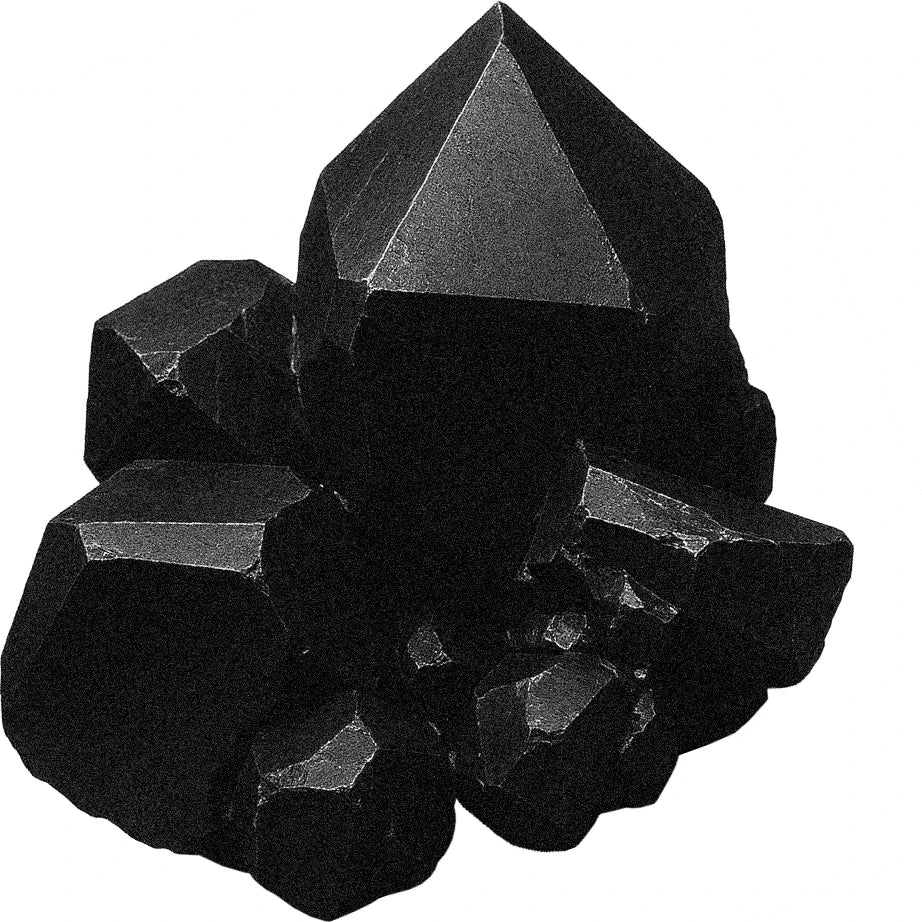 Black and white illustration of a cluster of hematite crystals with sharp, faceted edges and a metallic sheen.